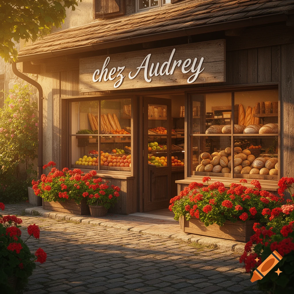 Charming storefront 'chez Audrey' with windows full of fresh fruits and bread, framed by red flowers and warm sunlight.