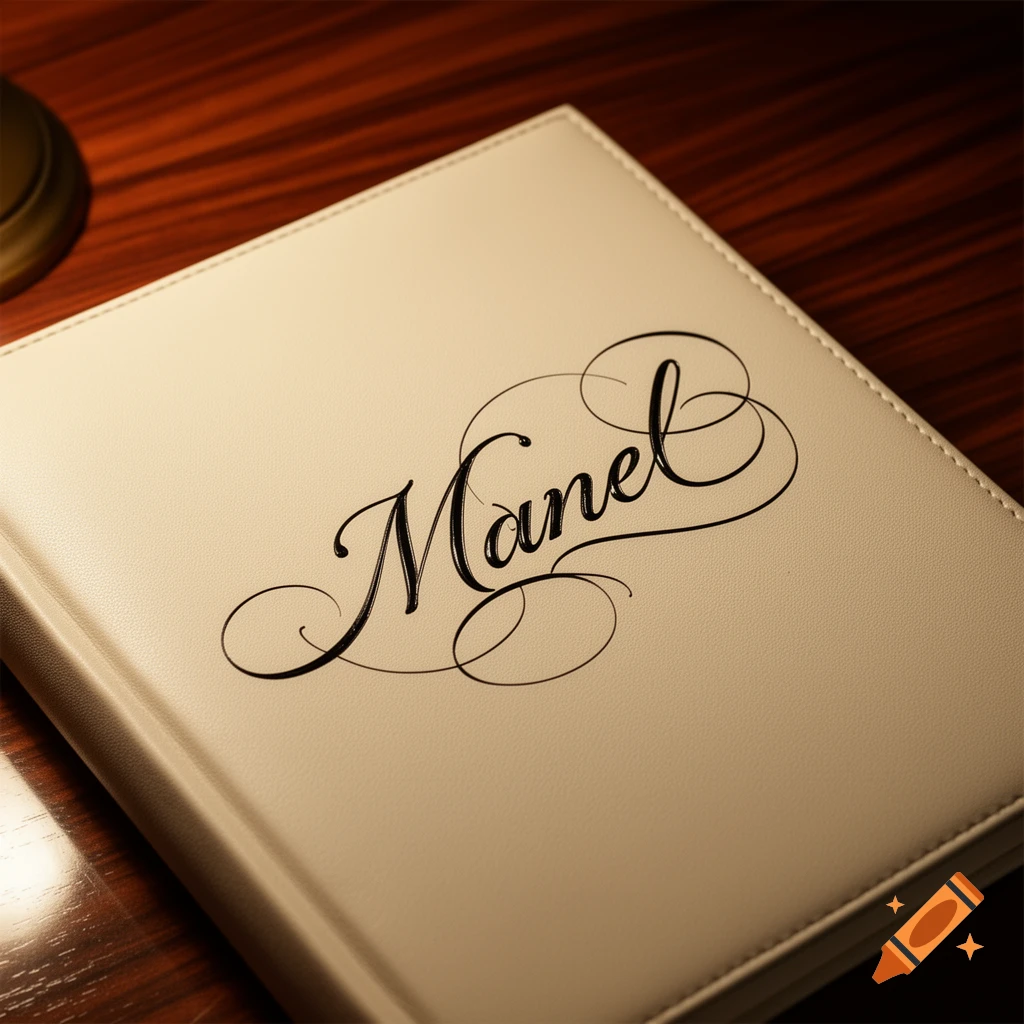 A beige leather-bound book or folder with the name "Manel" elegantly written in black cursive script on its cover, resting on a polished wooden desk.