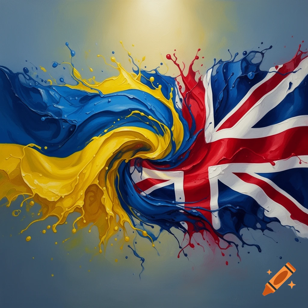 Dynamic paint splash art of the Ukrainian and British flags swirling together in blue, yellow, red, and white.