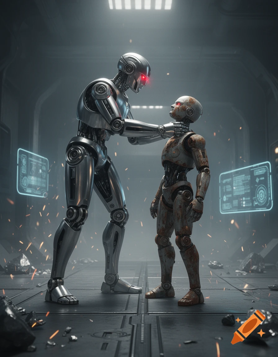 A large, sleek silver robot holds a smaller, rusted robot by the neck in a dark, futuristic industrial setting filled with sparks.