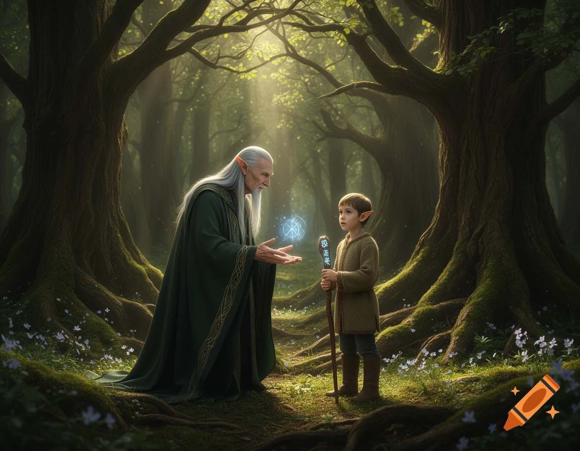 An old elf with a long white beard and green robe teaches a young elf with a staff, conjuring glowing runes in a sunlit forest.
