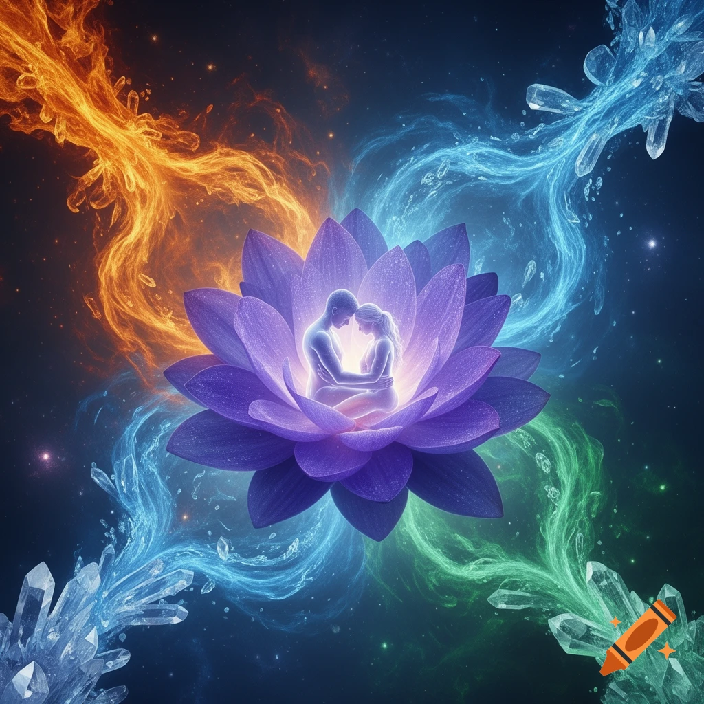 Two glowing figures embrace in a vibrant purple lotus, surrounded by swirling cosmic currents of orange fire, blue water, green air, and sparkling crystals against a starry night sky.