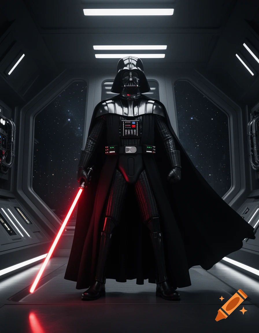 Darth Vader stands in a dark spaceship corridor, holding a glowing red lightsaber, with stars visible through windows.