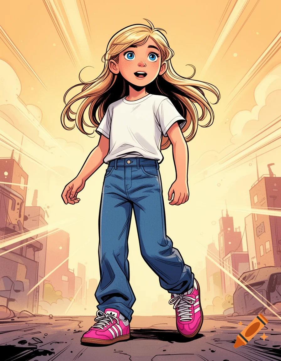 A smiling blonde girl with blue eyes wears a white t-shirt, blue jeans, and pink Adidas sneakers, walking in a comic book city scene.