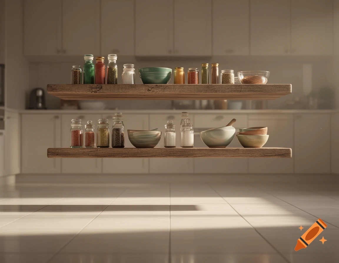Two rustic floating wooden shelves in a modern kitchen, filled with spice jars and bowls, with sunlight on the tiled floor.