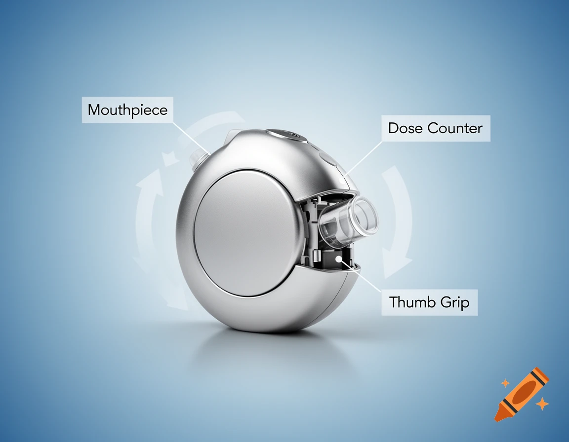 A silver, spherical inhaler device with labels pointing to the mouthpiece, dose counter, and thumb grip on a blue background.