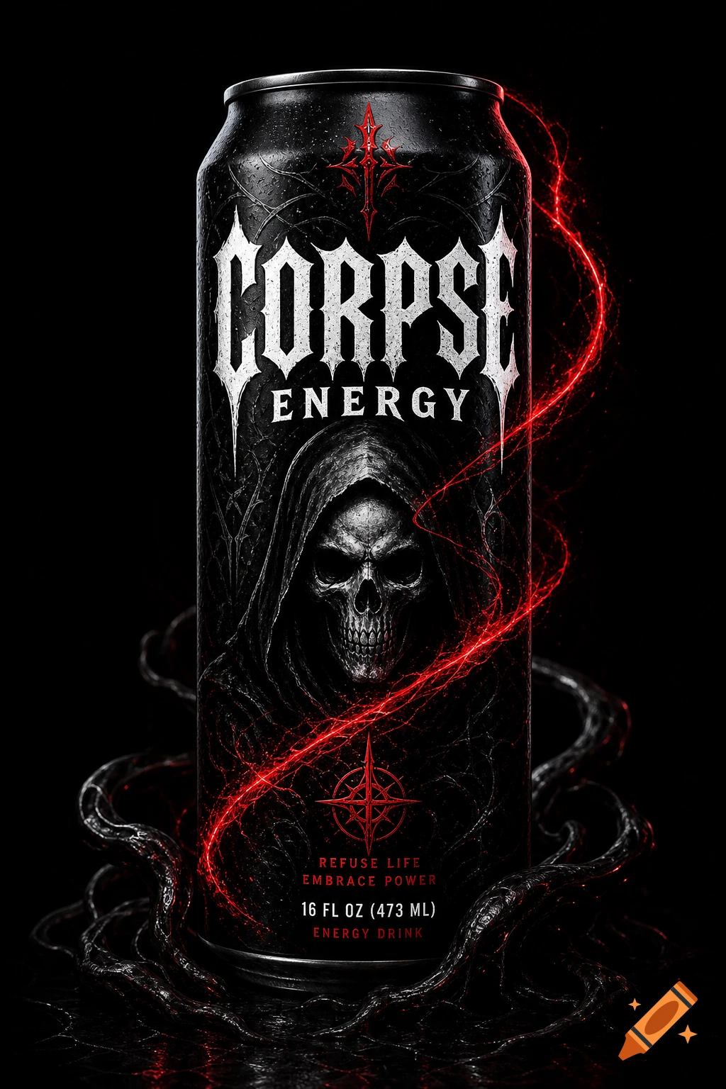 A black energy drink can with "CORPSE ENERGY" in white gothic font, featuring a hooded skull, thorny vines, and red electric energy.