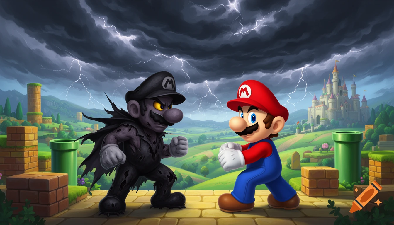 Mario and a dark, evil Mario variant stand ready to battle in a stylized kingdom under a stormy, lightning-filled sky.
