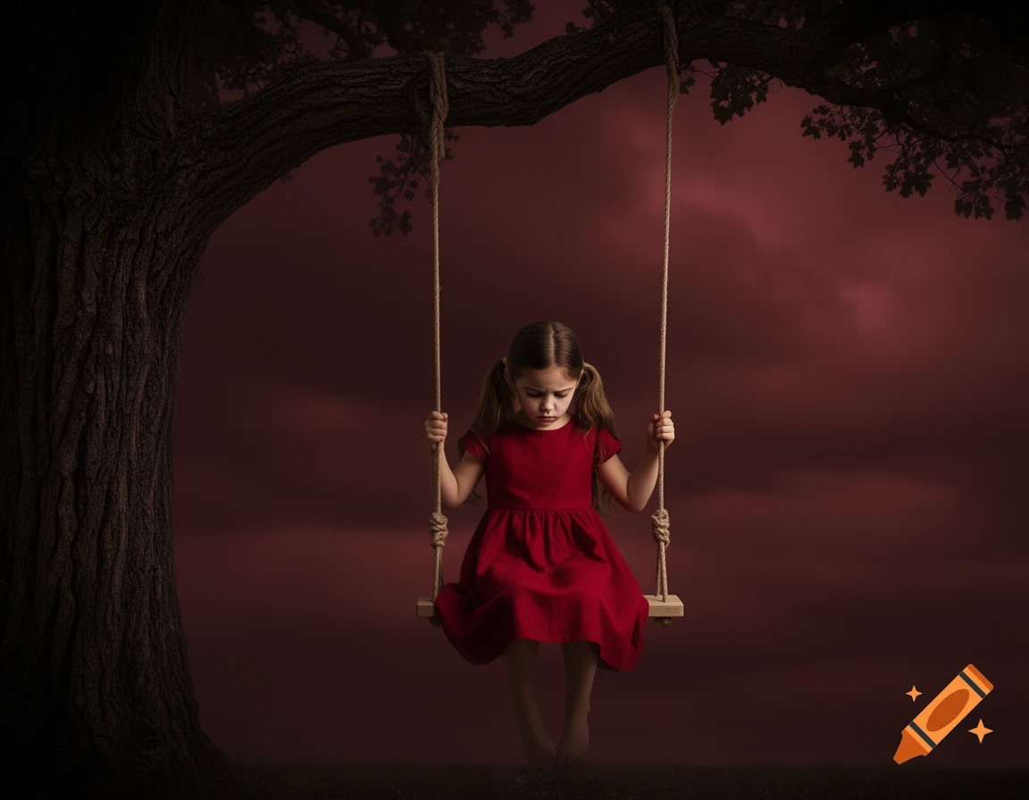 A somber young girl in a red dress sits on a swing under a dark tree branch, against a deep red, cloudy sky.