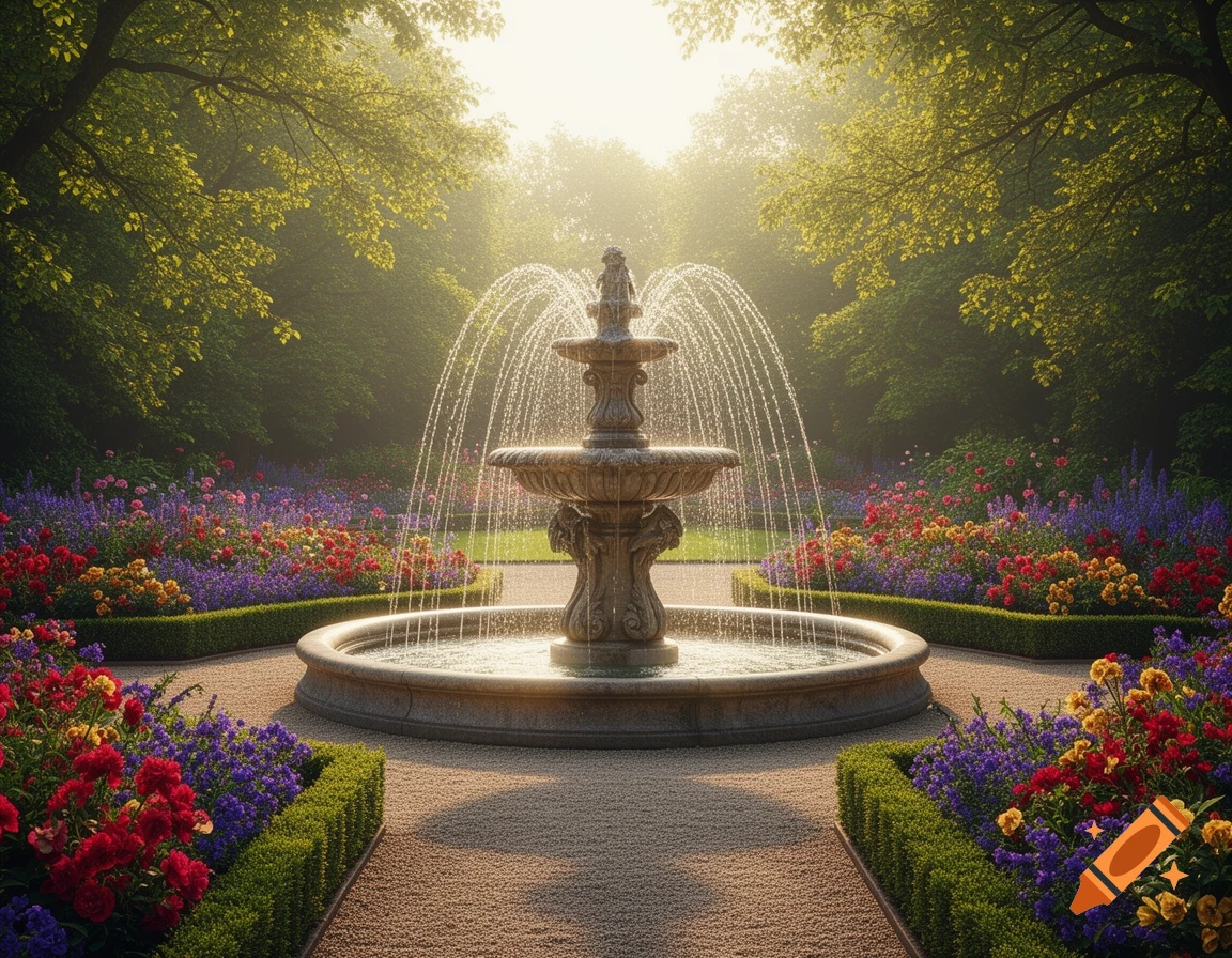 A beautiful garden with a large tiered stone fountain spraying water, surrounded by vibrant red, purple, and yellow flowers, lush green bushes, and tall trees under bright, hazy sunlight.