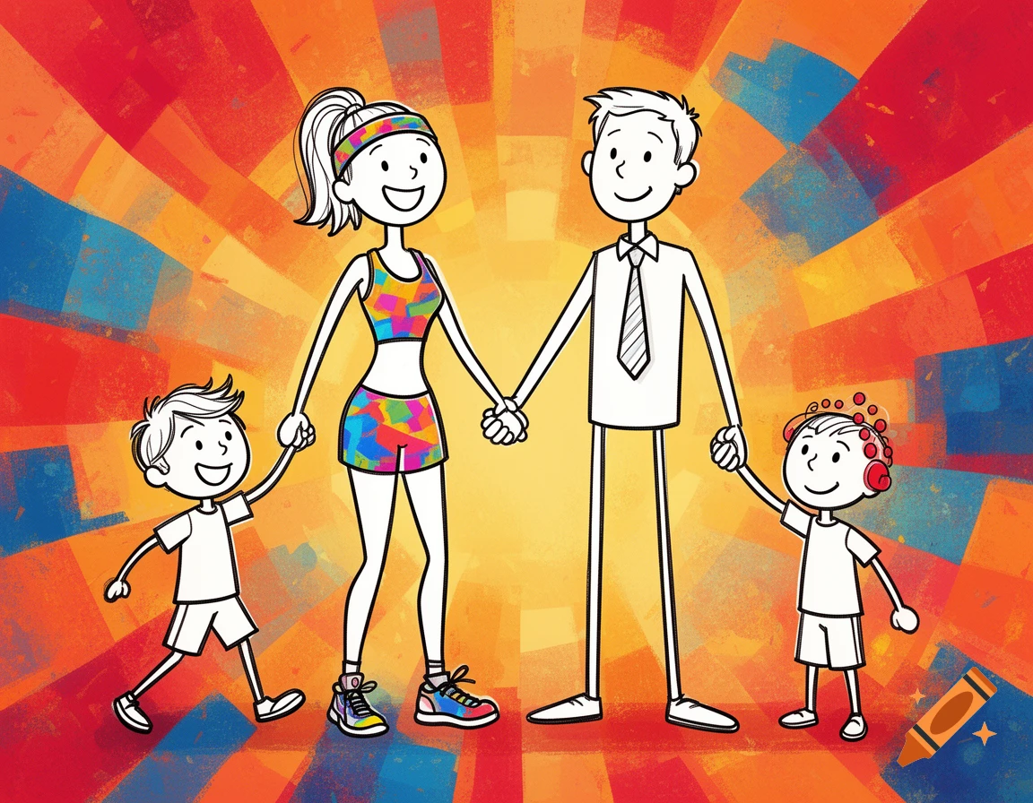 Cartoon family holding hands: mother in sporty attire, father in shirt and tie, and two young boys, one with red hearing aids, against a colorful background.