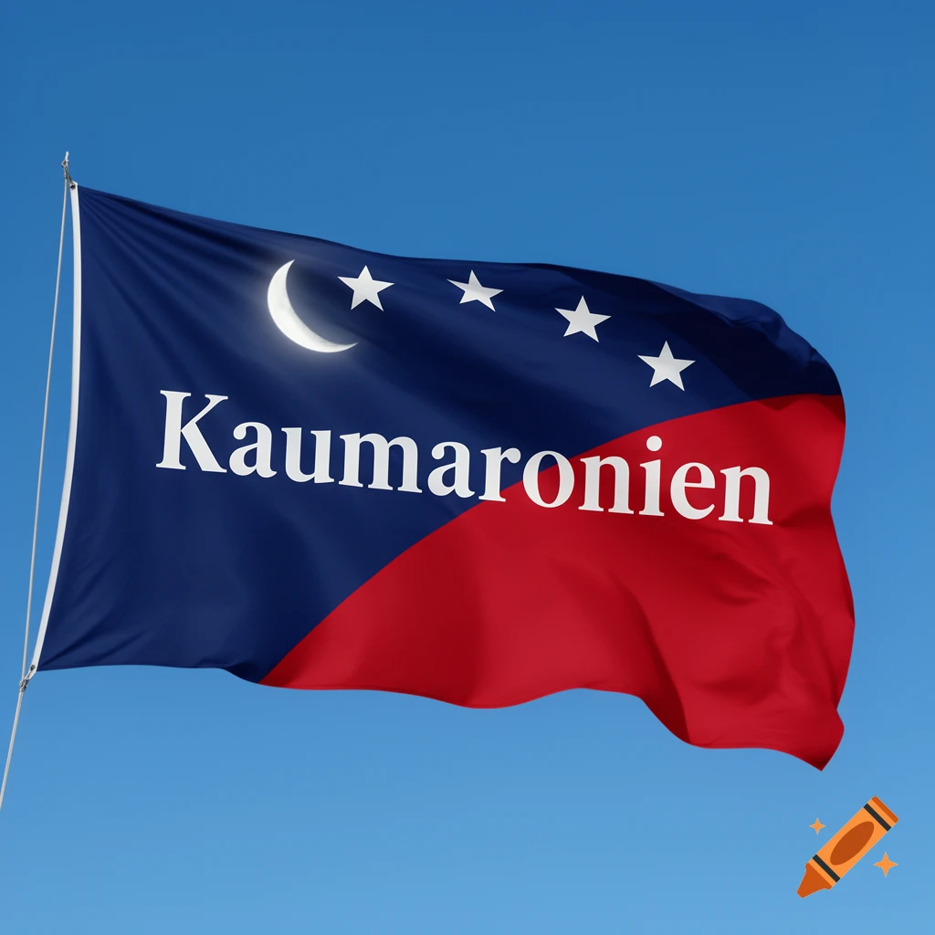 A waving flag, half dark blue with a white crescent moon, four stars, and 'Kaumaronien' text, half red, against a clear blue sky.