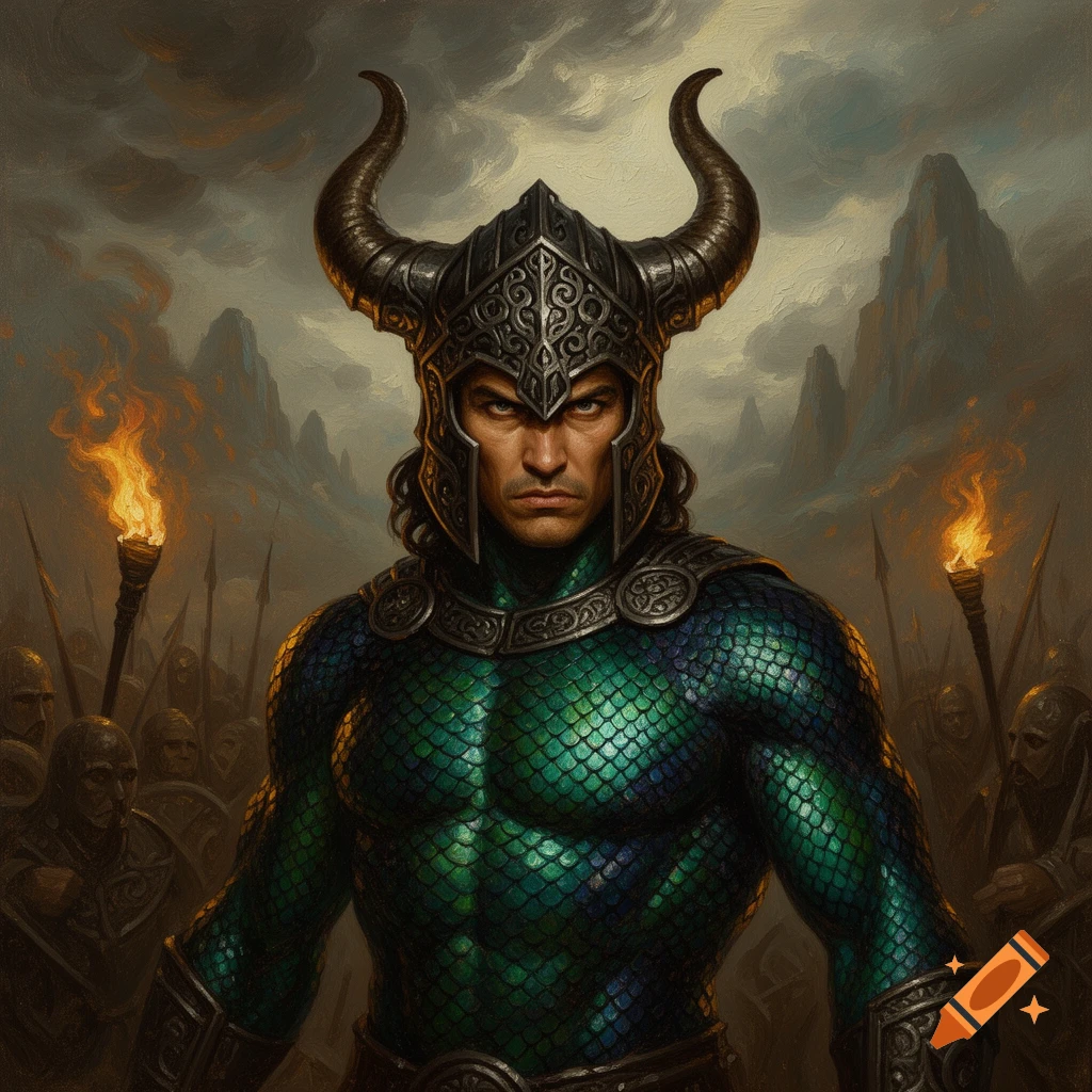 A stern warrior in a horned helmet and green scale armor stands amidst other warriors and flaming torches, oil painting style.