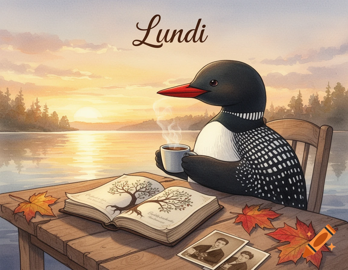 A watercolor illustration of an anthropomorphic loon sitting at a wooden table by a lake at sunrise, drinking coffee. An open book, old photos, and maple leaves are on the table. "Lundi" is written at the top.