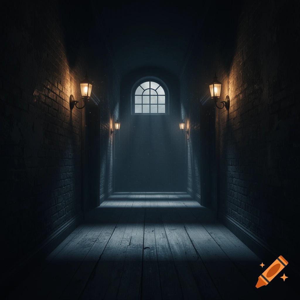 A long, dark hallway with brick walls, wooden floor, and lit sconces, leading to an arched window at the end.