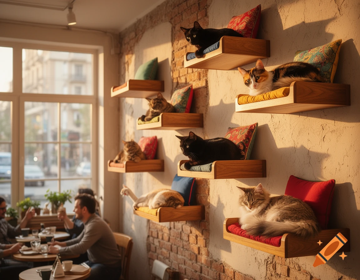 Photorealistic image of multiple cats lounging on wall-mounted beds in a sunlit cafe, with blurred patrons in the background.