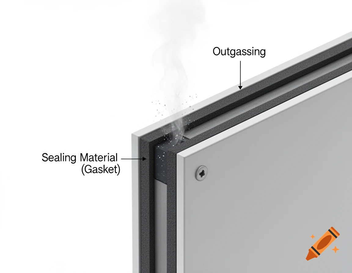 Clean technical illustration of a sealed electronic enclosure with a gasket showing outgassing. Labels: Sealing Material, Outgassing.