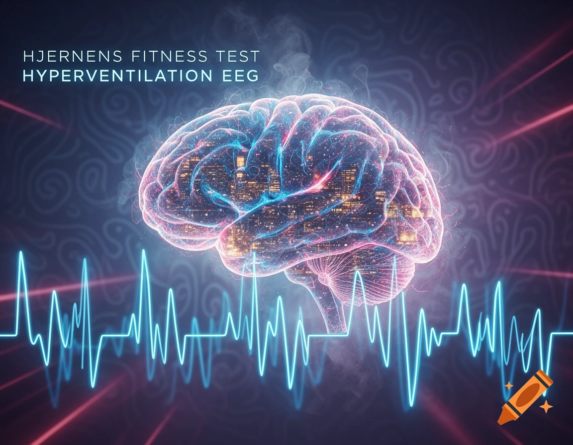Stylized glowing brain with city lights inside and a blue EEG waveform, text says 'HJERNENS FITNESS TEST HYPERVENTILATION EEG'.