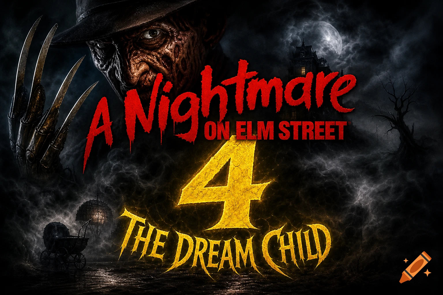 Horror movie poster for "A Nightmare on Elm Street 4: The Dream Child" with Freddy Krueger's face, clawed hand, and a dark, eerie landscape.