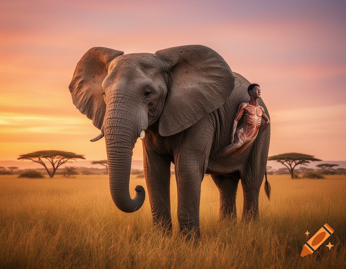 A photorealistic image of an elephant standing in a savanna at sunset, with a human anatomical figure emerging from its side.