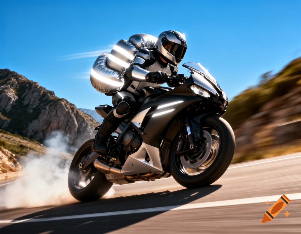 A motorcyclist in a silver and black suit with deploying airbags rides a black sport bike on a winding mountain road, motion blurred.