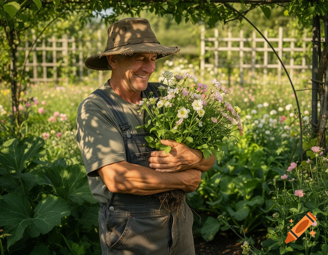A smiling gardener in a wide-brimmed hat and overalls embraces a large bouquet of freshly picked flowers in a sunny garden.