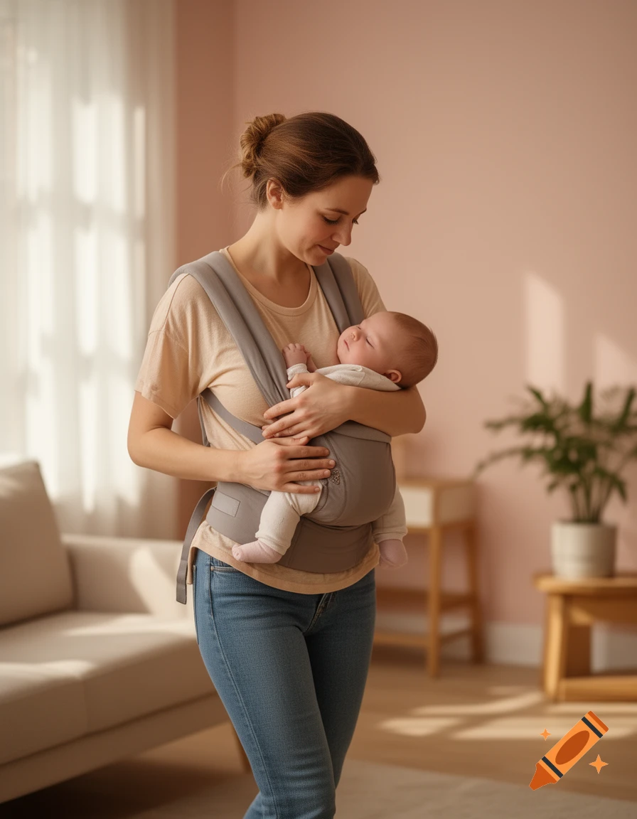 A mother carries her sleeping baby in a gray baby carrier, looking down at the infant, in a bright living room.