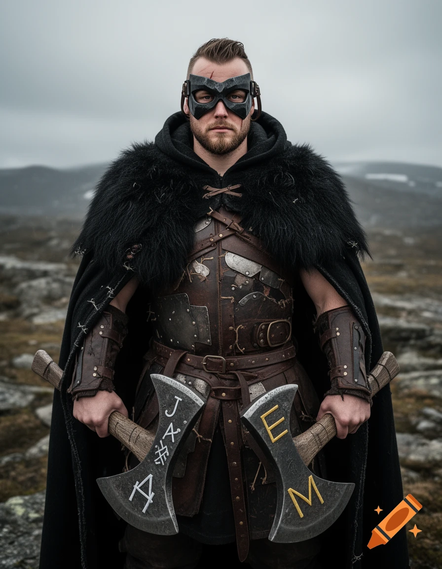 A stoic male Viking monster hunter in a black fur cloak, leather armor, and eye mask, holding two axes inscribed with letters J, A, E, M, in a rocky, overcast landscape.