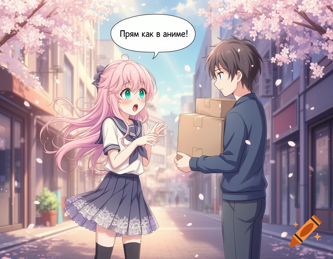 An anime girl with pink hair in a school uniform talks to a boy carrying boxes on a cherry blossom-lined street.