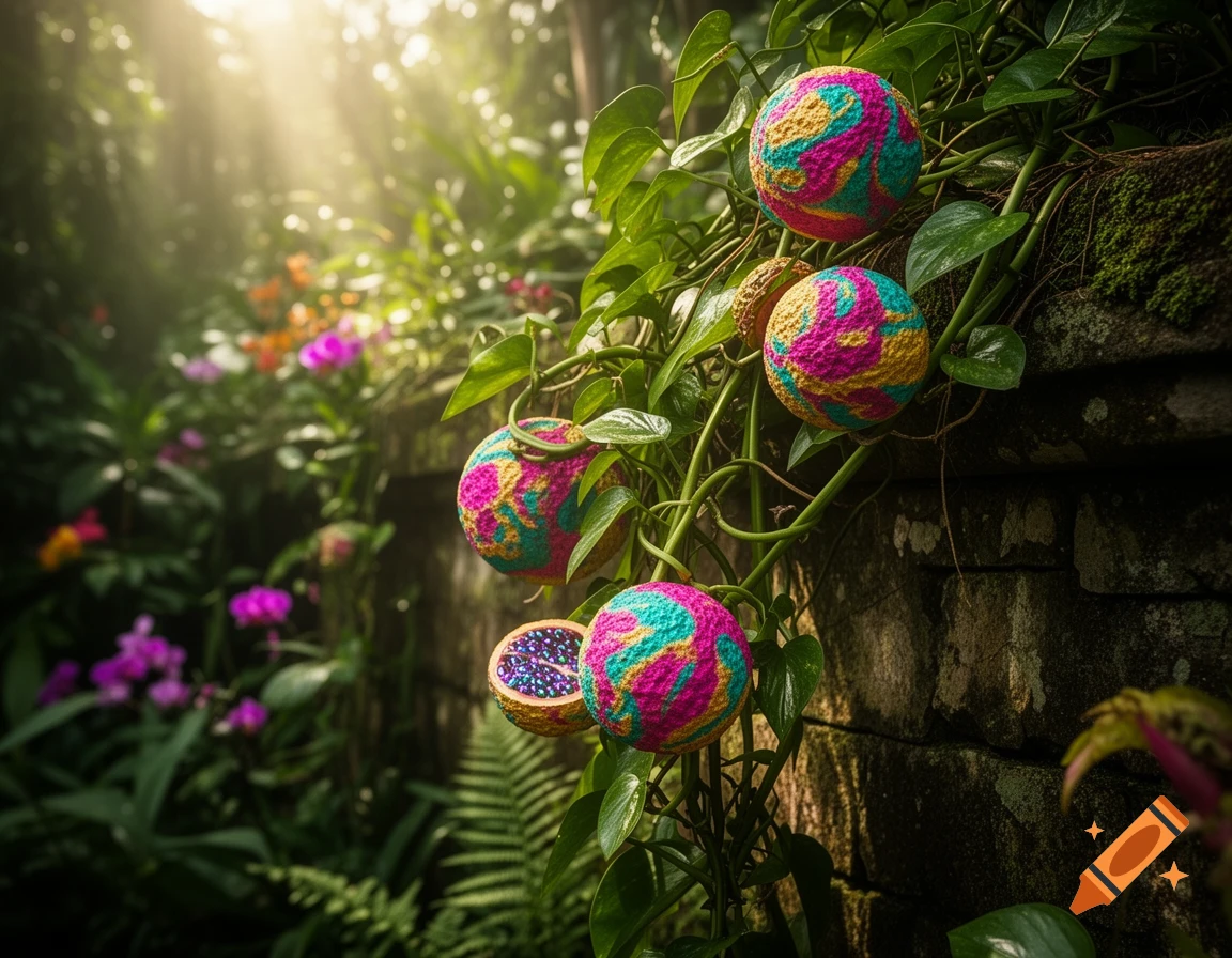 Colorful, spherical, yarn-like fantasy fruits grow on a tropical vine, with sunlight filtering through lush foliage.