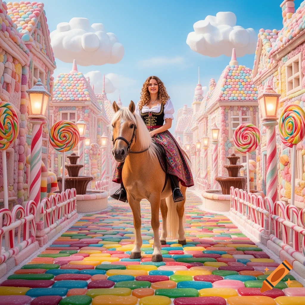 Woman in traditional dress rides a horse through a vibrant, whimsical candy town with lollipop trees and candy houses.