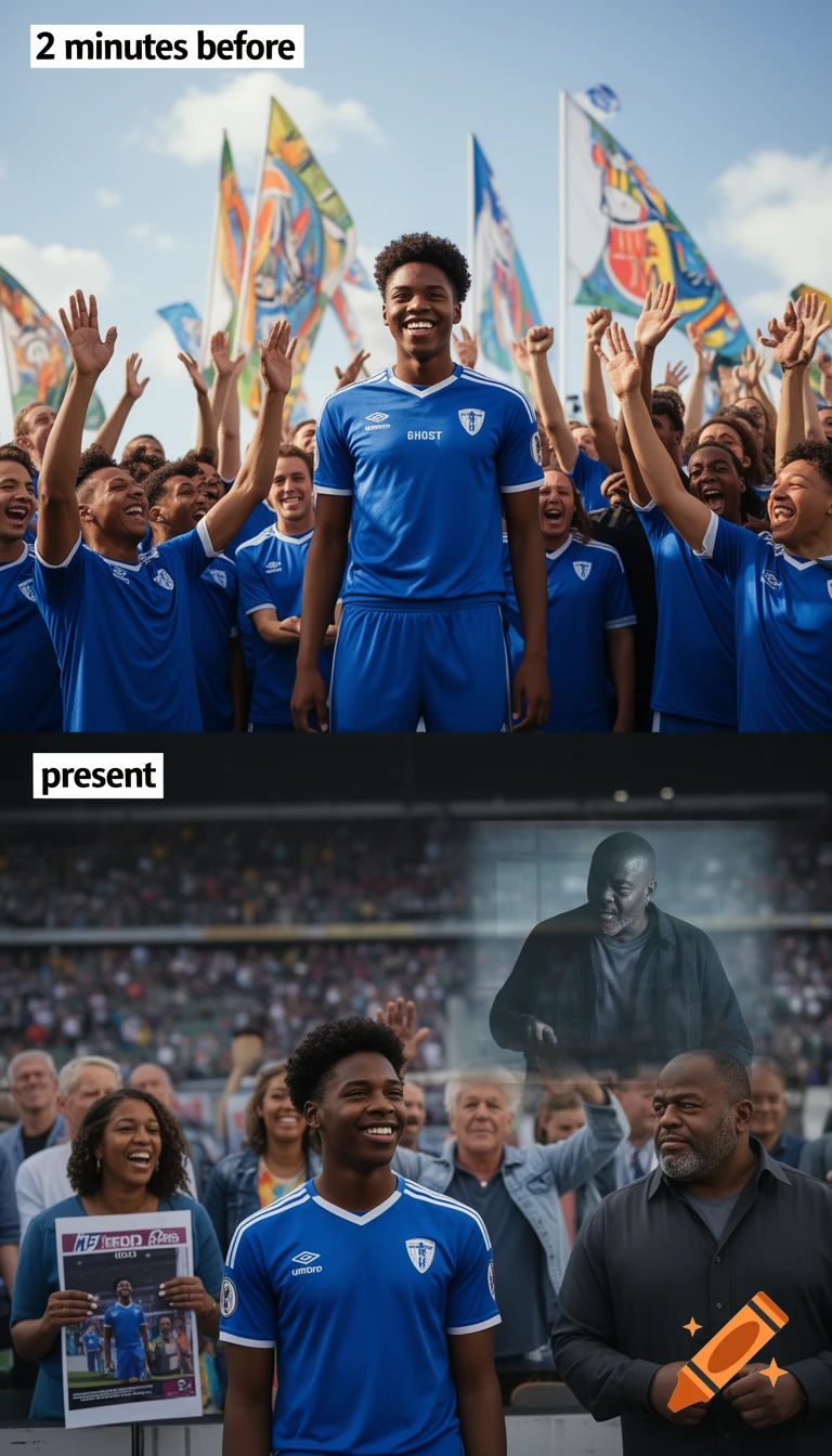 A split image shows a young Black soccer player in a blue uniform. Top half: He smiles triumphantly with cheering teammates. Bottom half: He looks concerned while his mom holds a poster of him, and a translucent image of an older man (his father) appears behind him in a stadium.