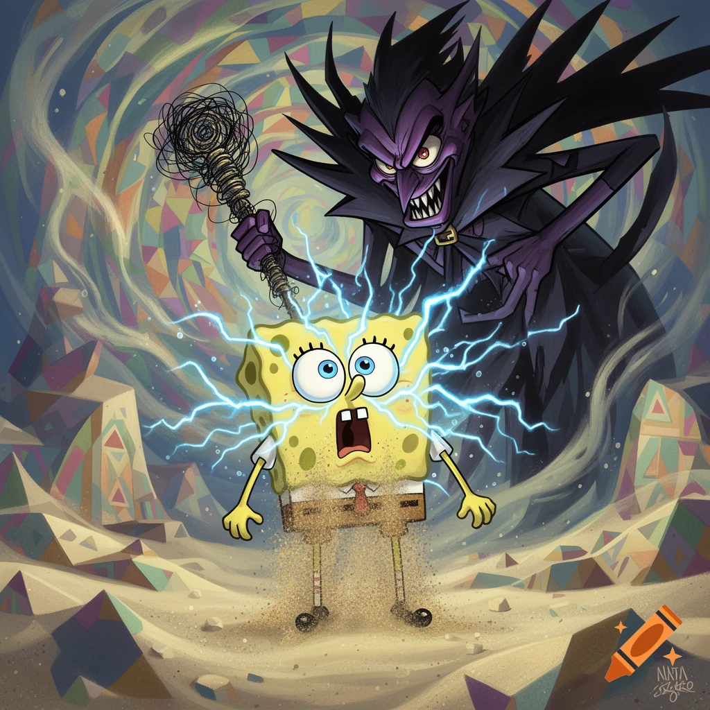 Spongebob Squarepants is zapped by electricity and turning into sand, while a dark, vampiric figure with a staff looms over him in a desert scene.