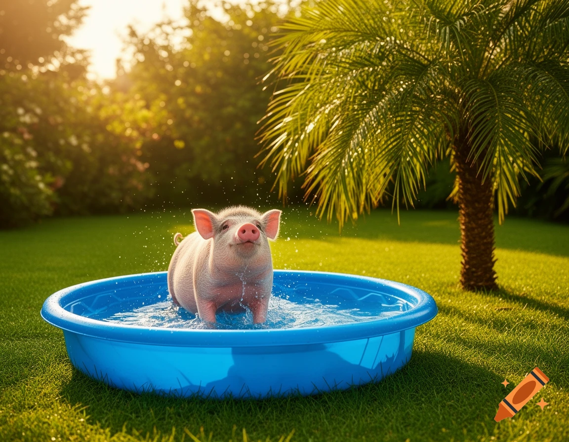 A cheerful pig stands in a blue paddling pool on a sunny green lawn next to a palm tree, splashing water.