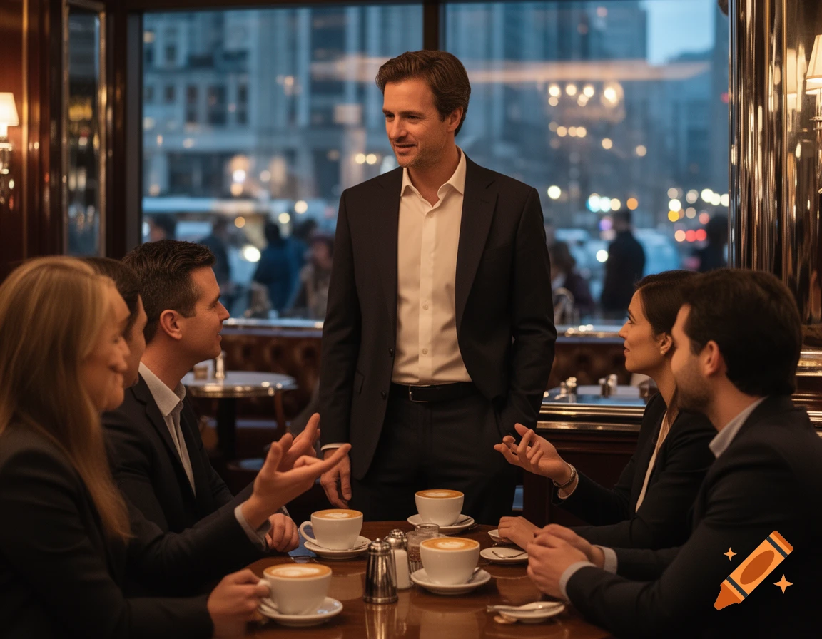 A man in a suit stands talking to four business professionals seated around a table with coffee in a stylish cafe.