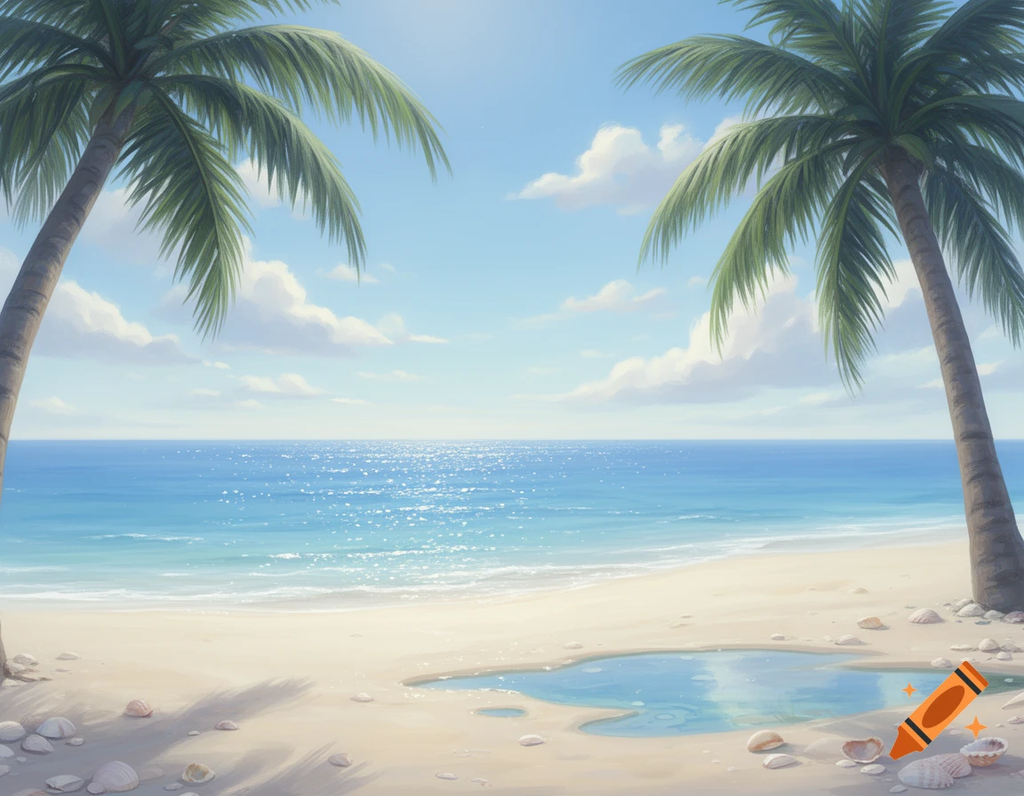 A stylized tropical beach scene with two palm trees framing a calm ocean under a blue sky, with seashells on the sand.