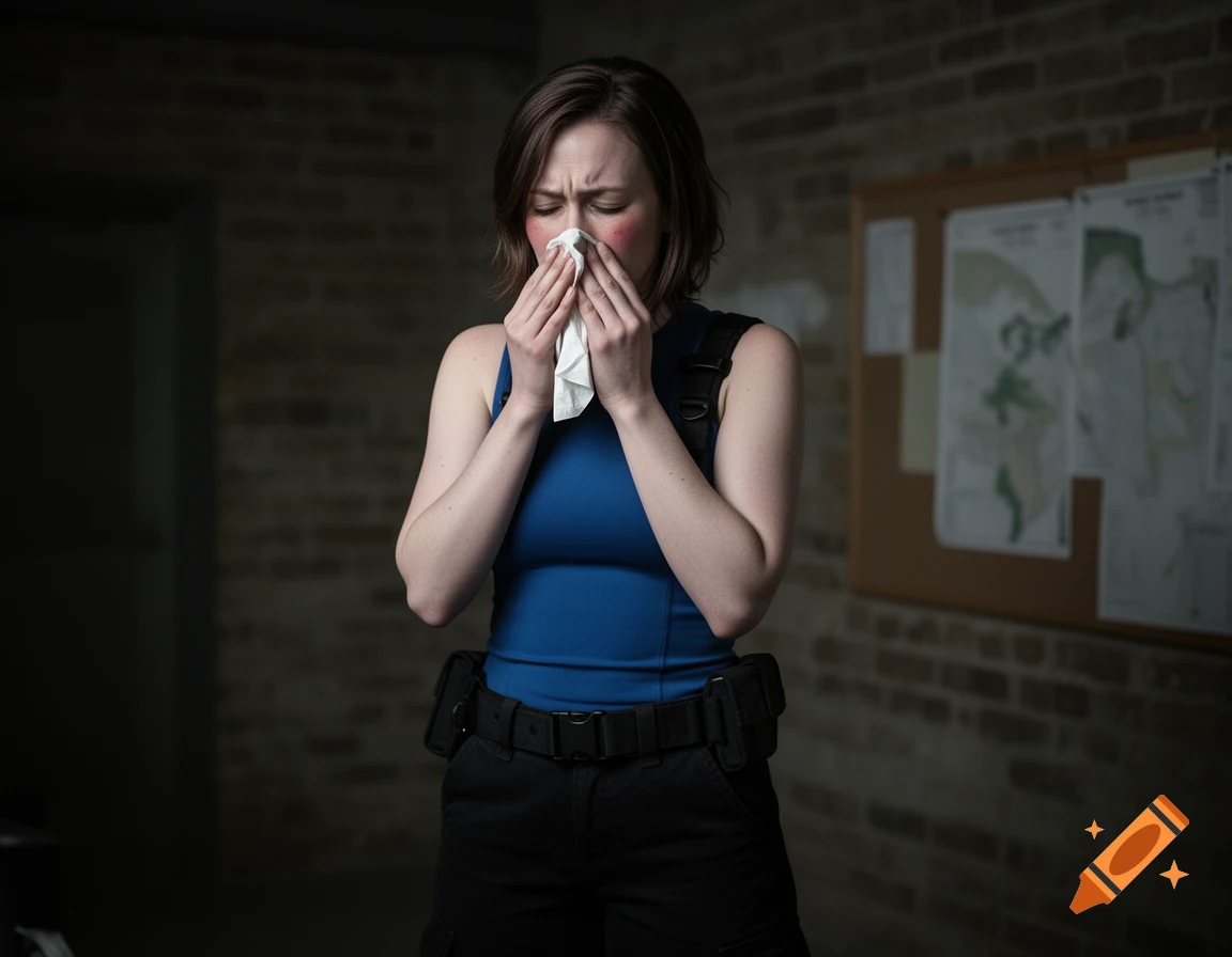 Jill Valentine, dressed in tactical gear, blows her nose with a tissue in a dark, brick-walled room.