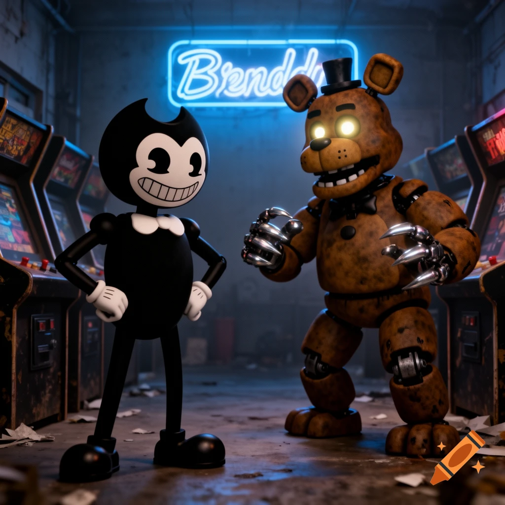 Bendy and Freddy Fazbear face off in a dark, neon-lit arcade with glowing arcade machines.