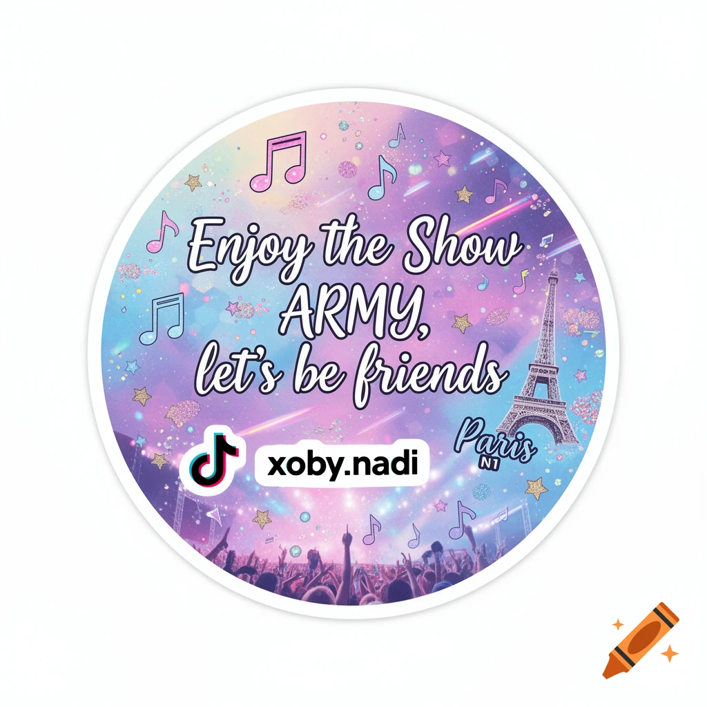 A round sticker with a pastel galaxy background, musical notes, stars, a silhouetted concert crowd, the Eiffel Tower, and text reading 'Enjoy the Show ARMY, let's be friends' and 'xoby.nadi Paris N1'.