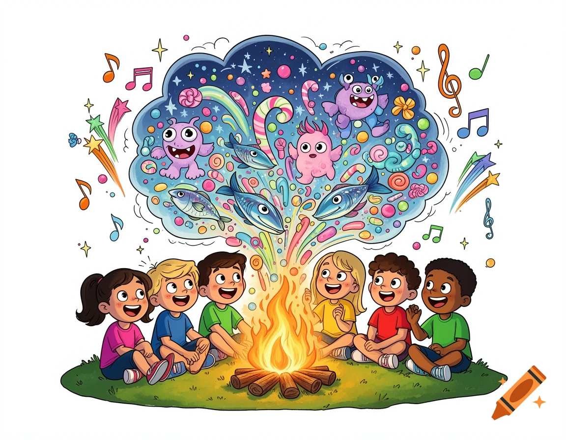 Cartoon drawing of six diverse kids camping around a fire, dreaming of colorful monsters, fish, and candy with musical notes floating around.