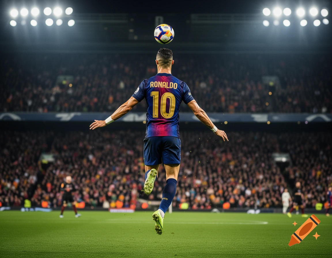 Photorealistic image of Cristiano Ronaldo in a blue and red jersey with 'RONALDO 10' on the back, leaping to head a soccer ball in a stadium.