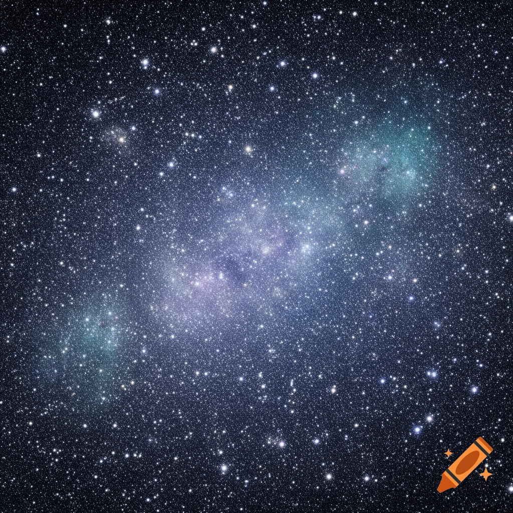 Dark blue space filled with countless white stars and patches of purple and teal nebulae.