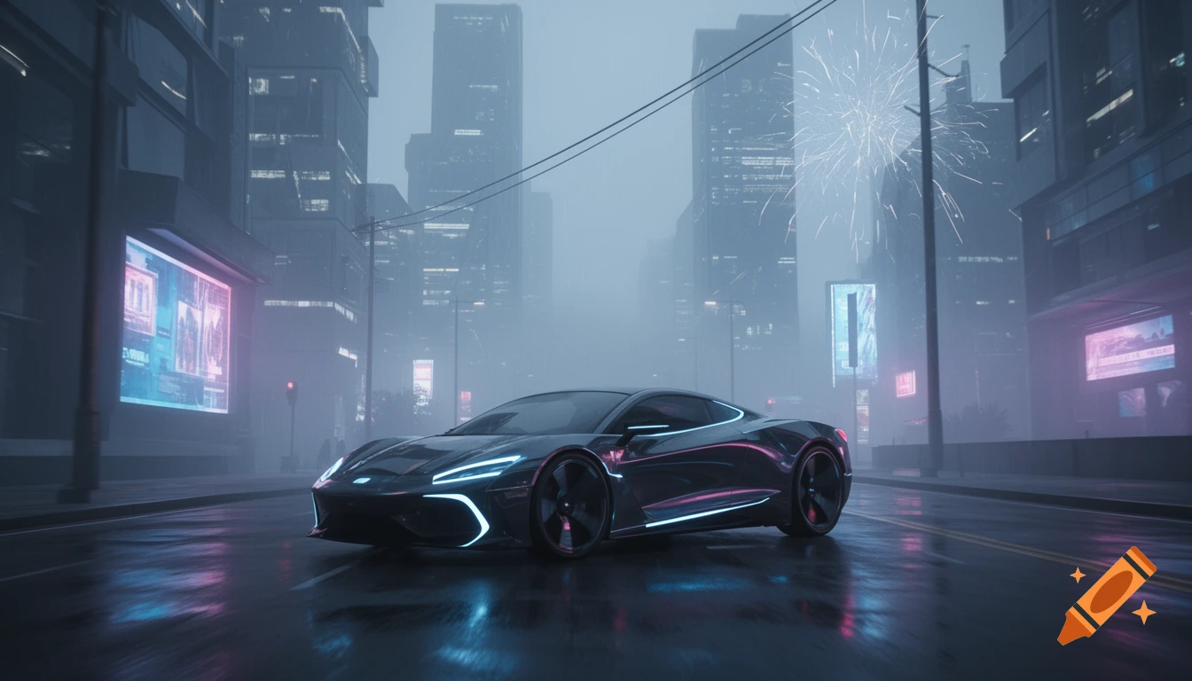A sleek black electric sports car with neon blue and pink accents sits on a wet, foggy dystopian city street at night, with glowing billboards and distant fireworks.