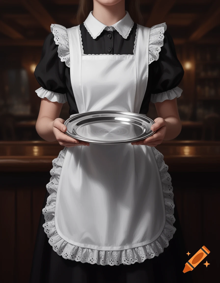 Artistic depiction of a headless maid in a black and white uniform holding a silver tray in a blurred tavern background.