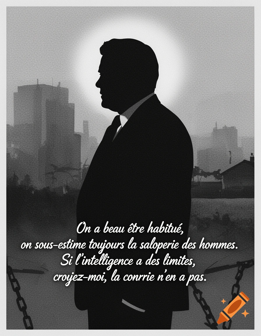 Black and white minimalist illustration of a man's silhouette against a hazy urban background, with French text below.