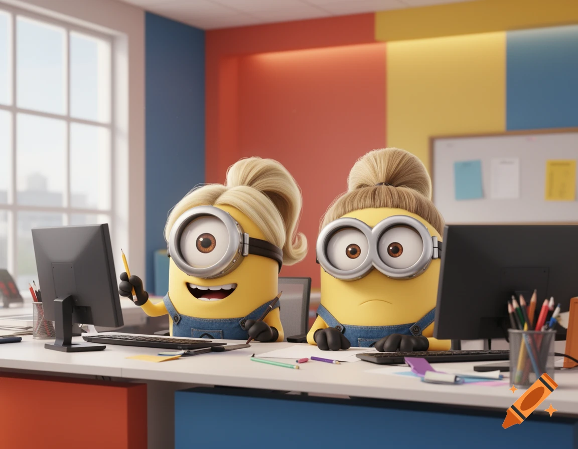 Two blonde Minions, one happy and one sad, sit at desks with computers in a brightly lit office.