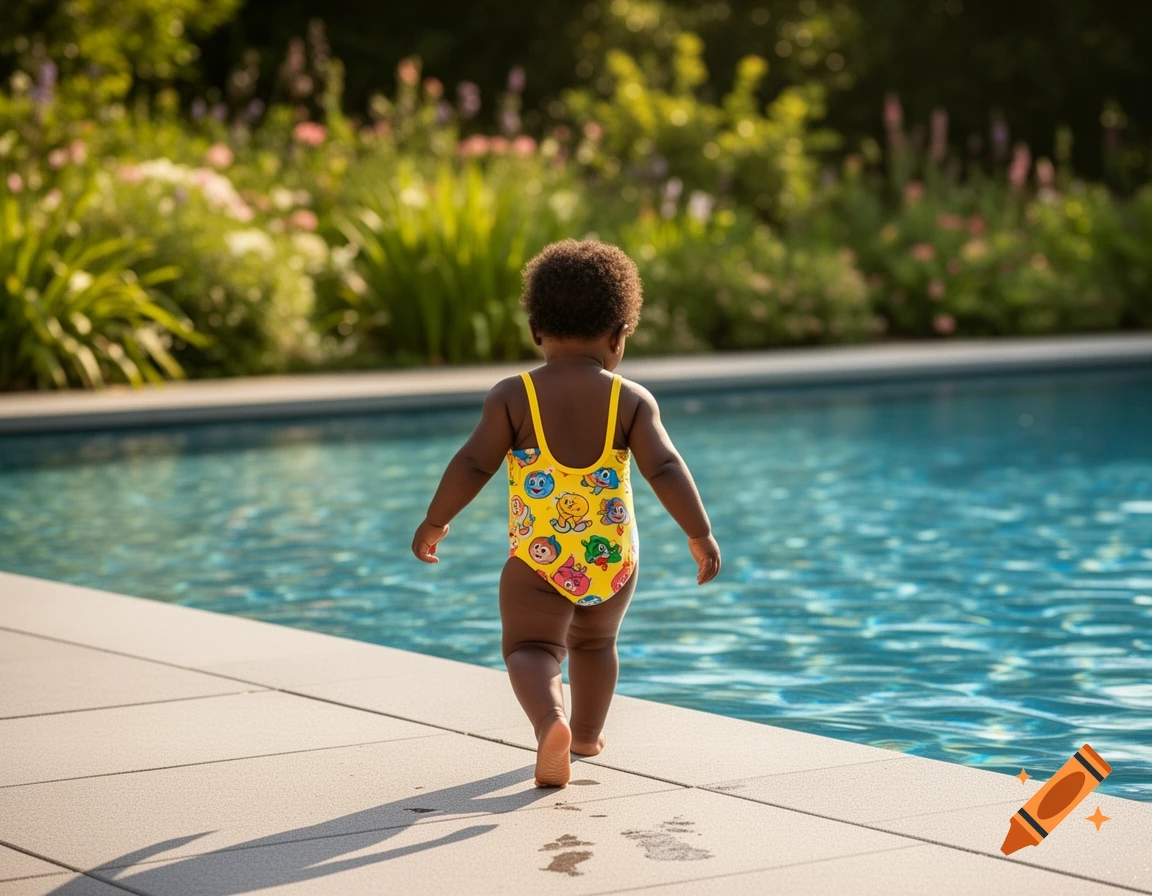 A toddler in a yellow, cartoon-print swimsuit walks along the edge of a swimming pool, with a lush garden background.