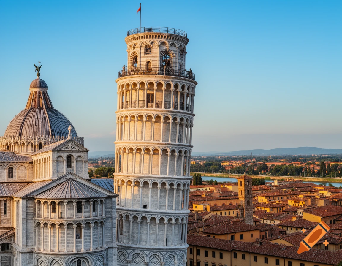 Photorealistic view of the Leaning Tower of Pisa and Pisa Cathedral with a distant city under a clear blue sky.