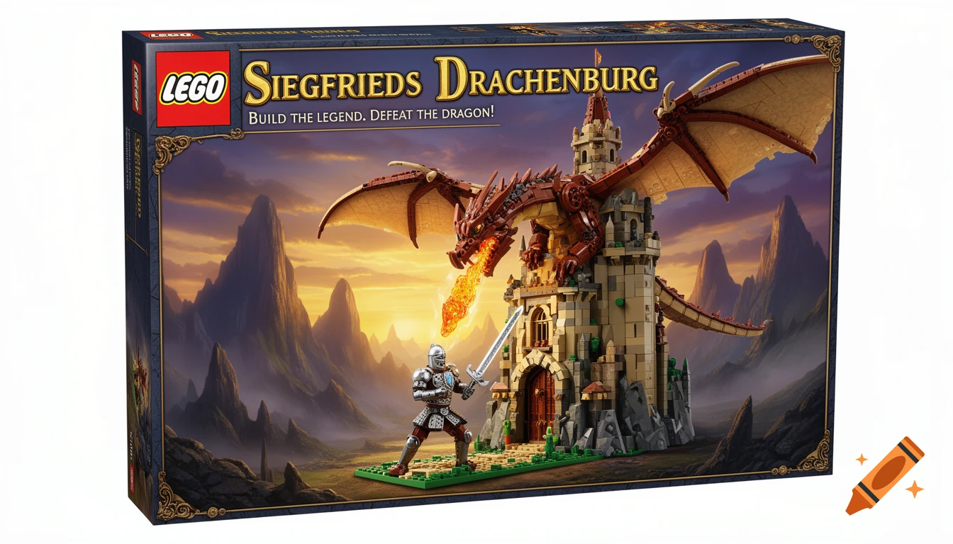 A LEGO product box featuring a knight, a fire-breathing dragon, and a castle tower against a fantasy mountain backdrop. Text: 'Siegfrieds Drachenburg' and 'Build the legend. Defeat the dragon!'
