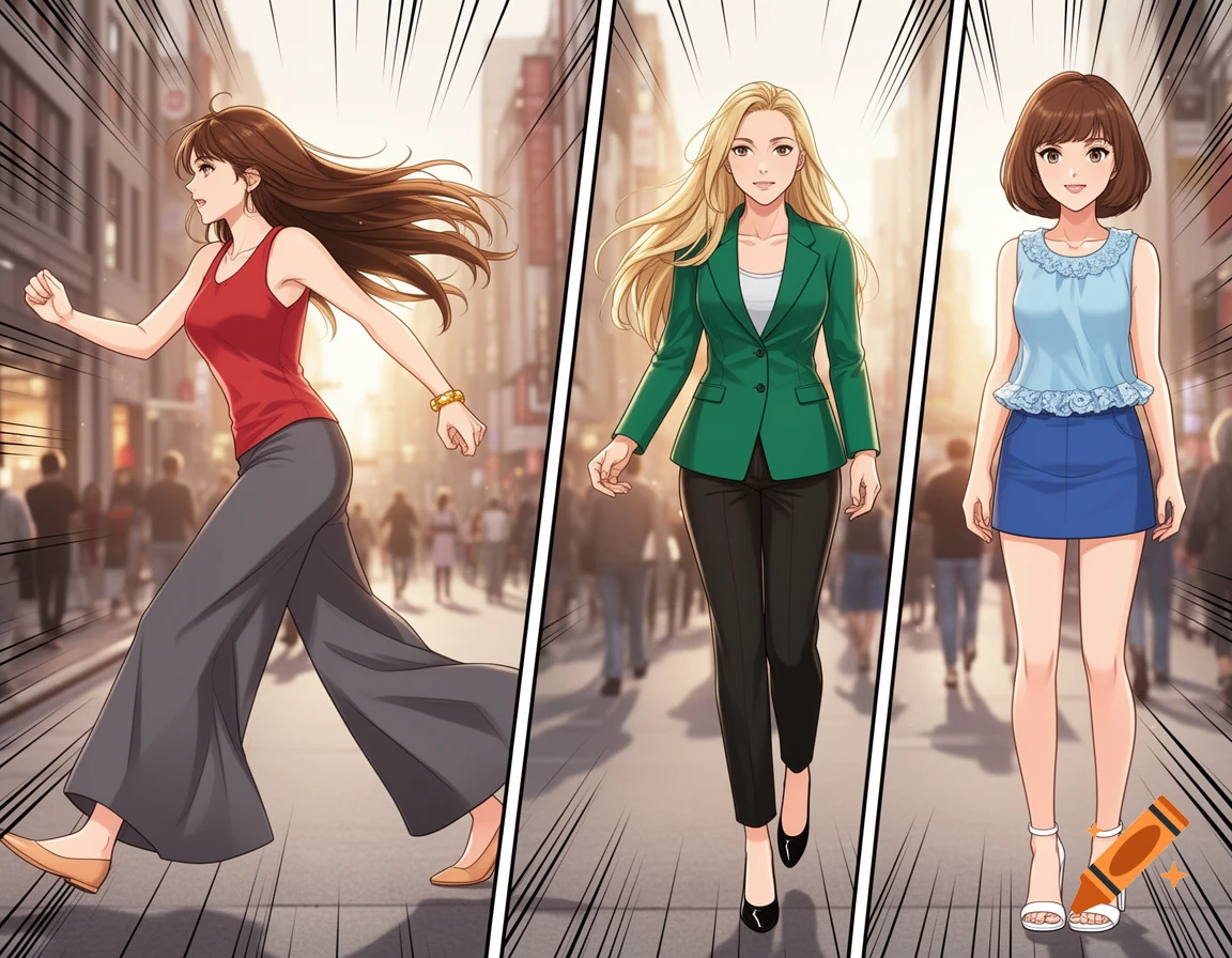 A comic panel features three anime-style women on a busy city street. One runs in a red top and wide pants, another walks in a green blazer and black pants, and a third walks in a blue top and short skirt.